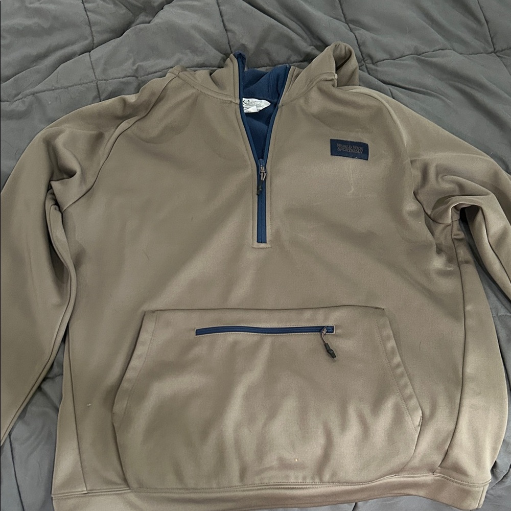 Tan Pullover Fishing Hoodie with Blue Accents